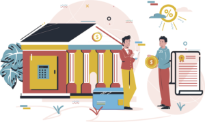 Banking illustration with two people standing next to a bank with icons